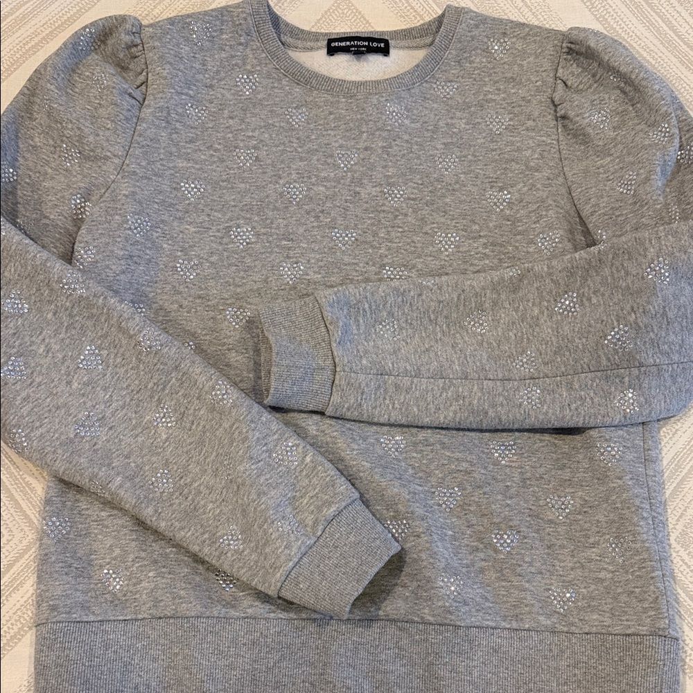 Generation Love Gray Rhinestone Hearts Puff Sleeve Sweatshirt Women’s Small